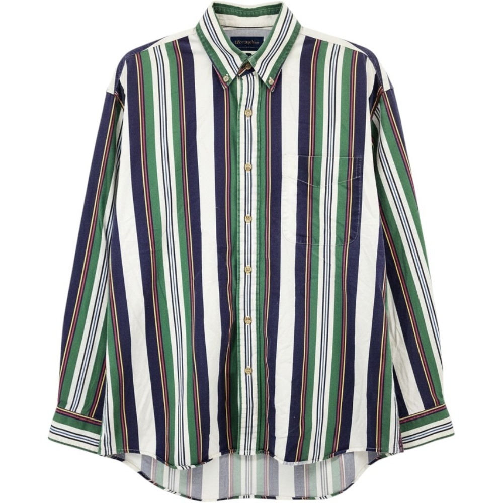 IZOD Mens Multi Color Vertical Stripe Long Sleeve Button Down Shirt Green Blue M